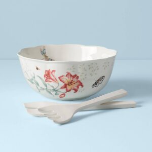 Floral Salad Bowl with Wood Servers