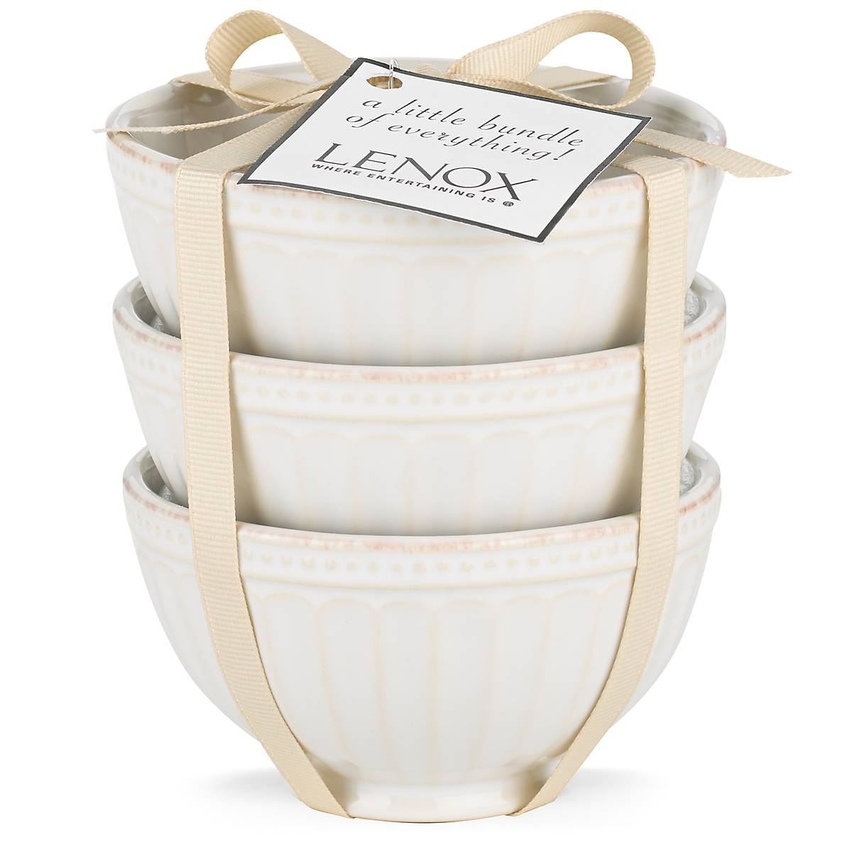 Grooved White Stoneware Mini Bowl Set, 3-Piece - Image 2