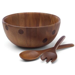 Polka Dot Acacia Wood Salad Bowl with Servers