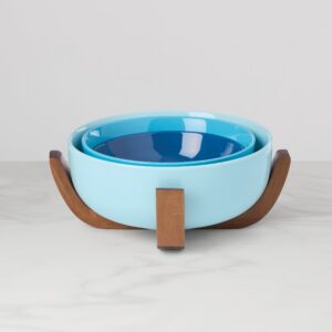 Ombre Turquoise Nesting Bowl Set with Wood Stand, 3-Piece