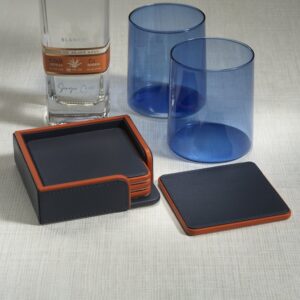Navy and Orange Leather Coasters - Set of 4